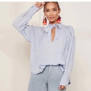 Free People Wishful Moments Tie Neck Top Blue Ling Sleeve Sz XS Boho Embroidered
